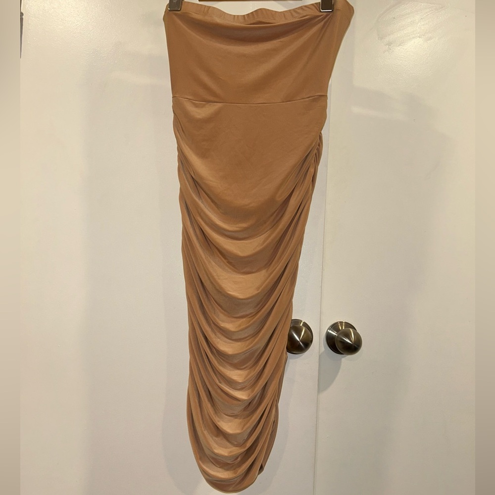 Elegant Tan Ruched Dress